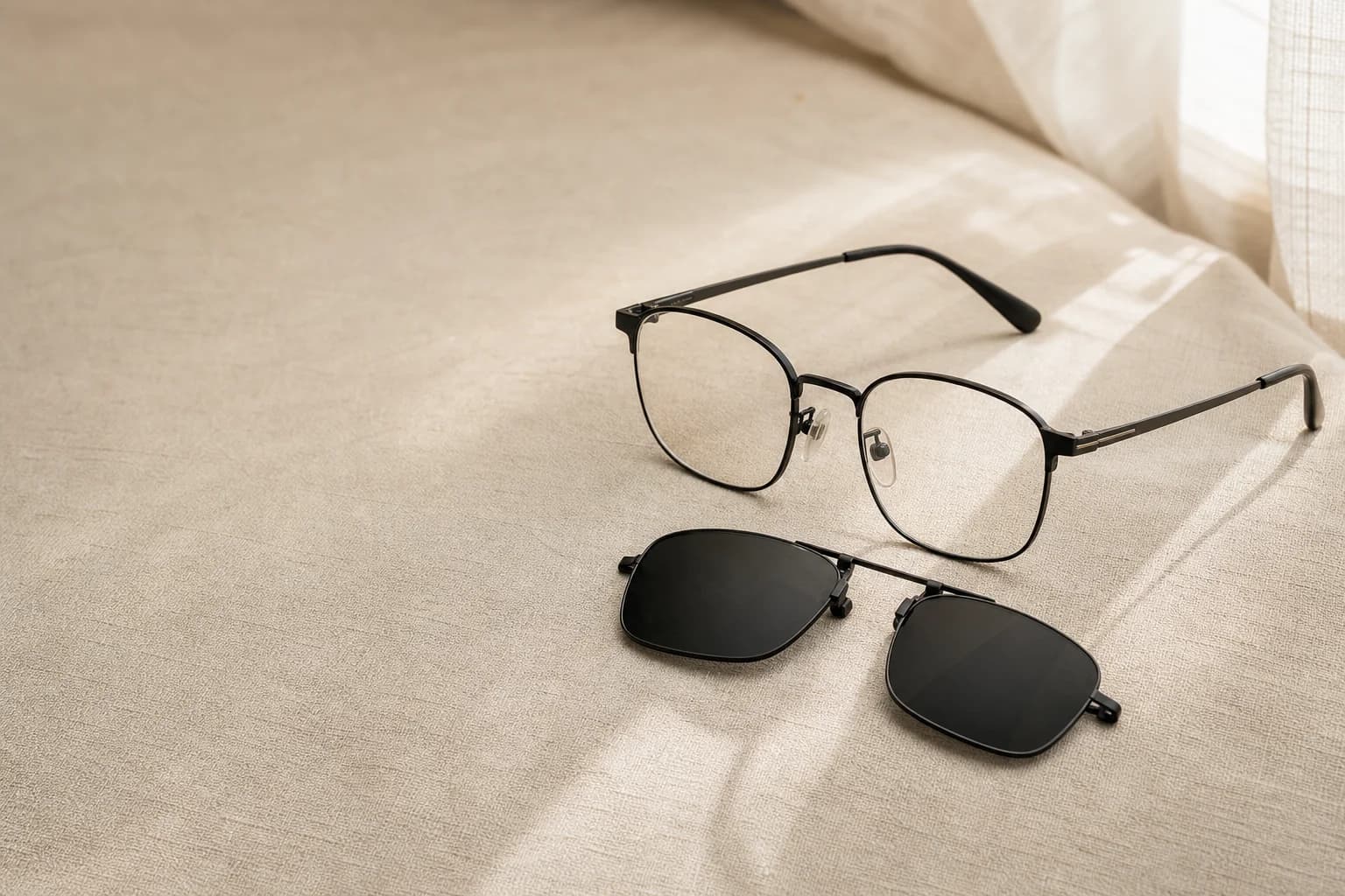 Prescription glasses beside a black polarized clip-on lens attachment